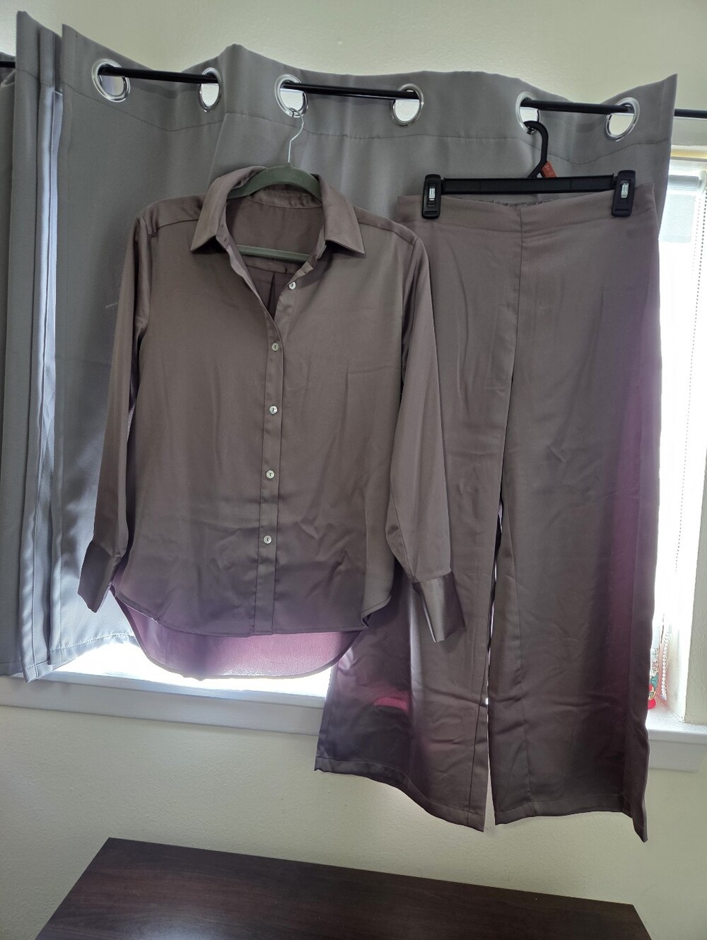 Women's Taupe Wide-Leg Pants and Button-Down Shirt Set